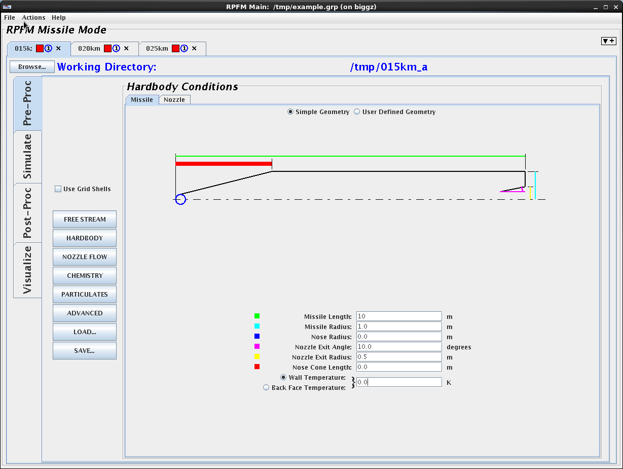 Rocket Plume Flowfield Module software GUI window with tab structure